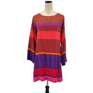 Hale Bob Orange Blue Mixed Print 100% Silk Keyhole Back Long Sleeve Mini Dress